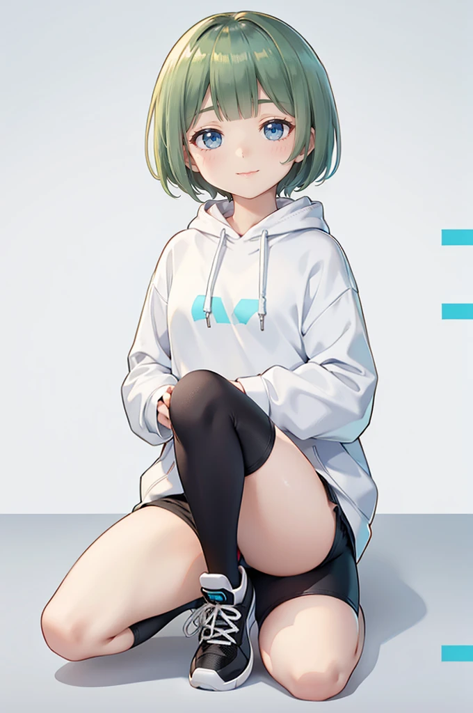 Turquoise Eyes、delicate、detailed、high quality、high resolution、4K、high quality、Short Mash Hair、Short Hair、Blonde Hair Color、Turquoise Eyes、White hoodie、Black hot pants、Black sneakers、, Low length,Thin thighs,small, Portraiture, girl,brown, Happy, small, Turquoise Eyes
