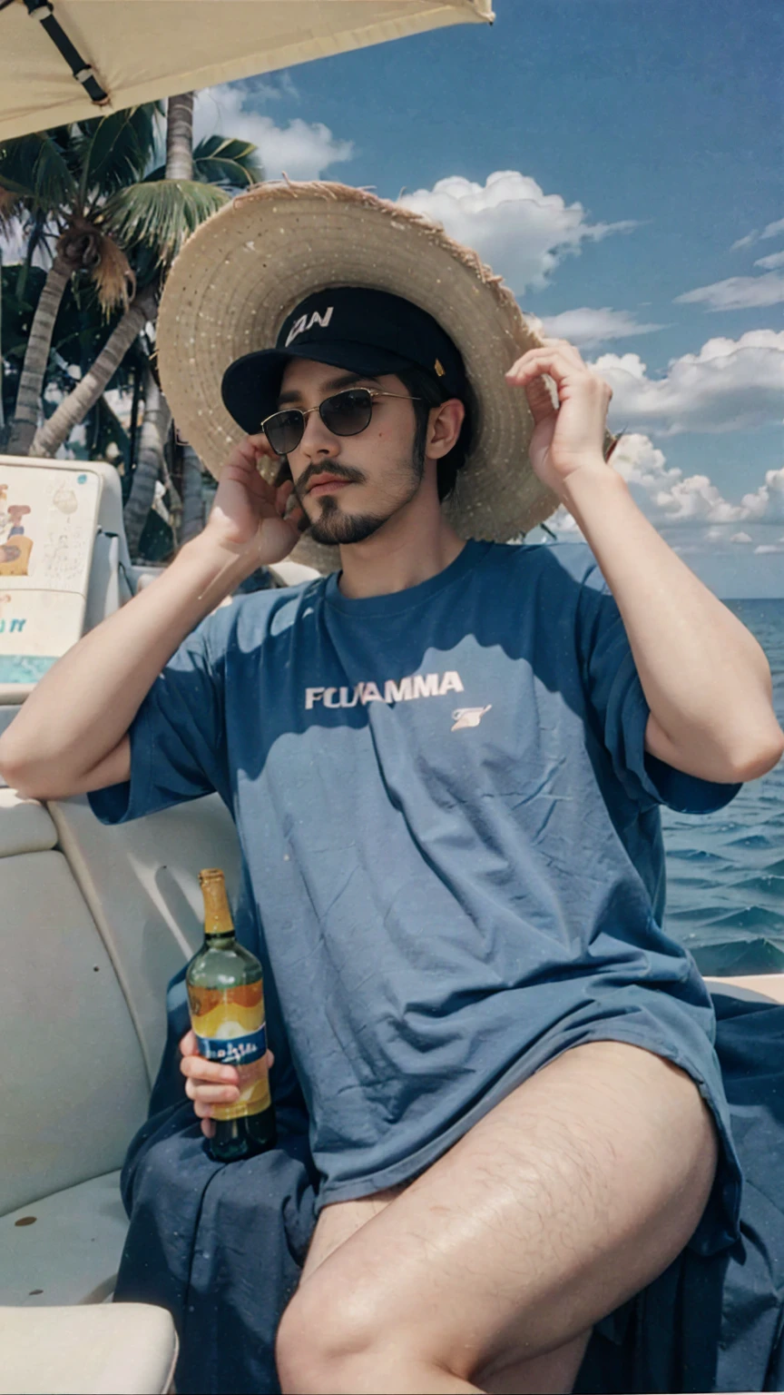 30 year old man, (pretty chubby fat),wear oversize blue floral shirt, yellow menshort,((panama hat)), sunglasses ,with the posture of being a very rich man and sitting on (luxury yacth boat),old money, campaign bottle and glass, glam pose, miami beach, summer, sunny, ultrarealistic, ultradetail, clean skin, ((flawless skin),(no beards)((hairless skin)), polaroid, analog film, film grain, fuji film tone effect