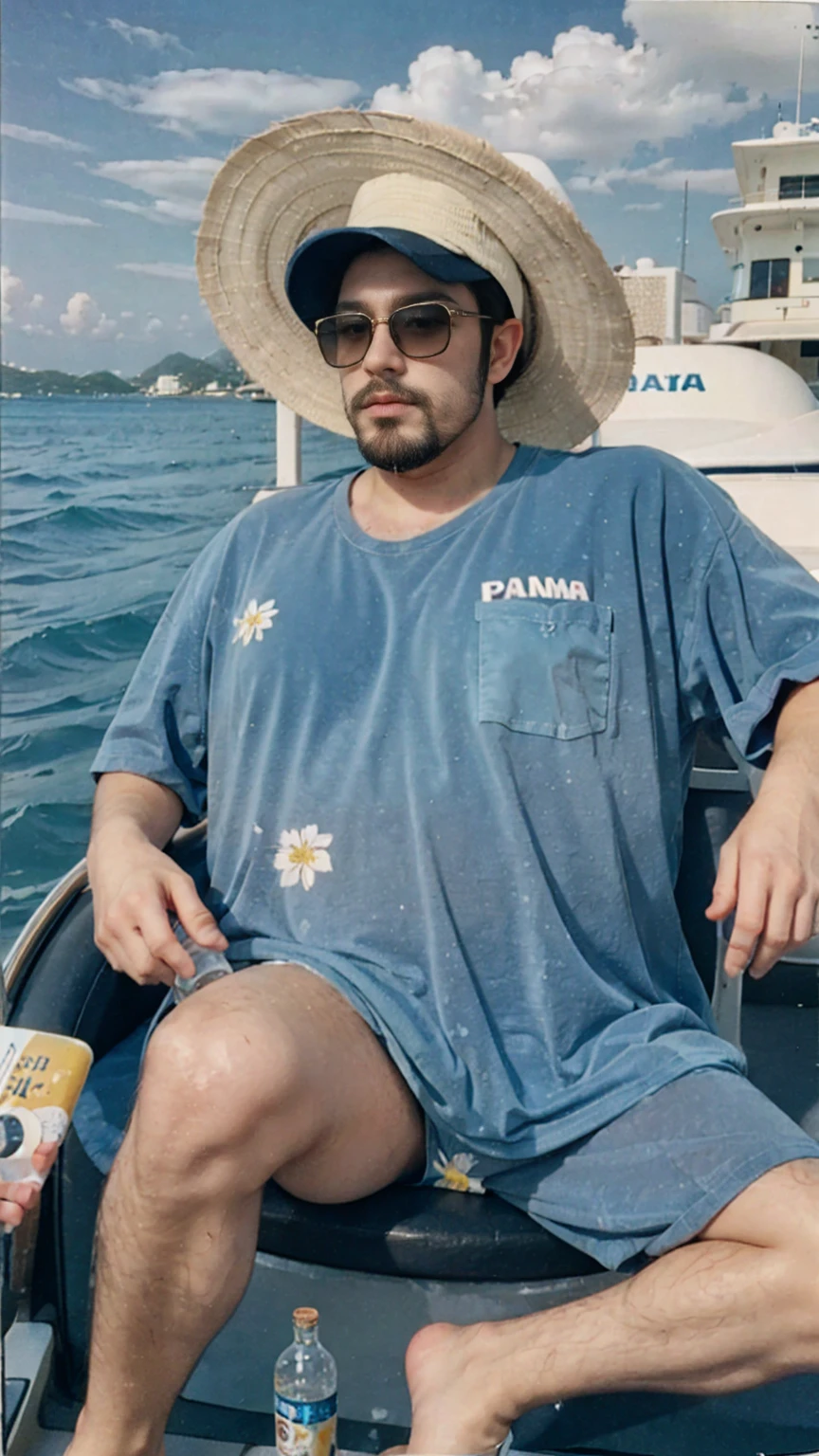 30 year old man, (pretty chubby fat),wear oversize blue floral shirt, yellow menshort,((panama hat)), sunglasses ,with the posture of being a very rich man and sitting on (luxury yacth boat),old money, campaign bottle and glass, glam pose, miami beach, summer, sunny, ultrarealistic, ultradetail, clean skin, ((flawless skin),(no beards)((hairless skin)), polaroid, analog film, film grain, fuji film tone effect