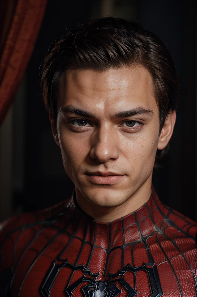 A photograph of spider man, no mask, 20 yo, handsome, detailed face, looking at camera, portrait, 8k uhd, high quality