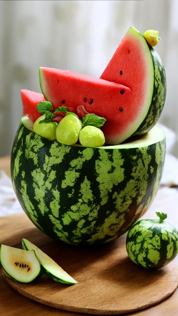 there is a watermelon with a cat made of fruit, food art, very realistic, very very realistic, cat design, cat detailed, cat masterpiece, watermelon, cute cat, made of fruit and flowers, amazing!, carving, kawaii cat, very very very realistic, by Wu Zhen, awesome cat, made of flowers and fruit, carved, sculpted out of candy, perfectly detailed