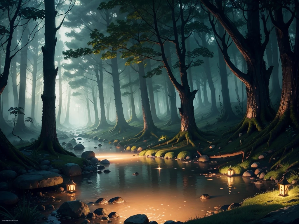 highly detailed digital painting, a mysterious fantasy forest scene with soft lighting, magical glowing mushrooms, a small stream, fallen logs, and a sense of mystery and tranquility, beautiful detailed trees, lush foliage, dramatic lighting, glowing fireflies, photorealistic, cinematic, warm color palette, depth of field blur, concept art style