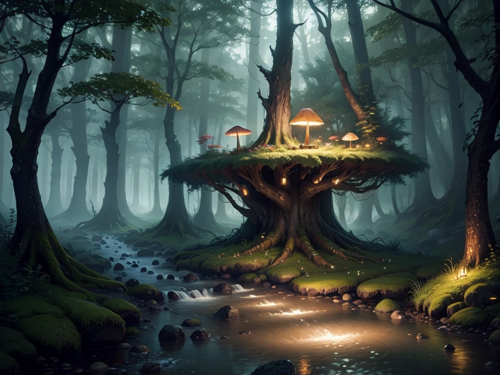 highly detailed digital painting, a mysterious fantasy forest scene with soft lighting, magical glowing mushrooms, a small stream, fallen logs, and a sense of mystery and tranquility, beautiful detailed trees, lush foliage, dramatic lighting, glowing fireflies, photorealistic, cinematic, warm color palette, depth of field blur, concept art style