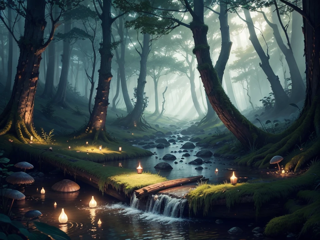 highly detailed digital painting, a mysterious fantasy forest scene with soft lighting, magical glowing mushrooms, a small stream, fallen logs, and a sense of mystery and tranquility, beautiful detailed trees, lush foliage, dramatic lighting, glowing fireflies, photorealistic, cinematic, warm color palette, depth of field blur, concept art style