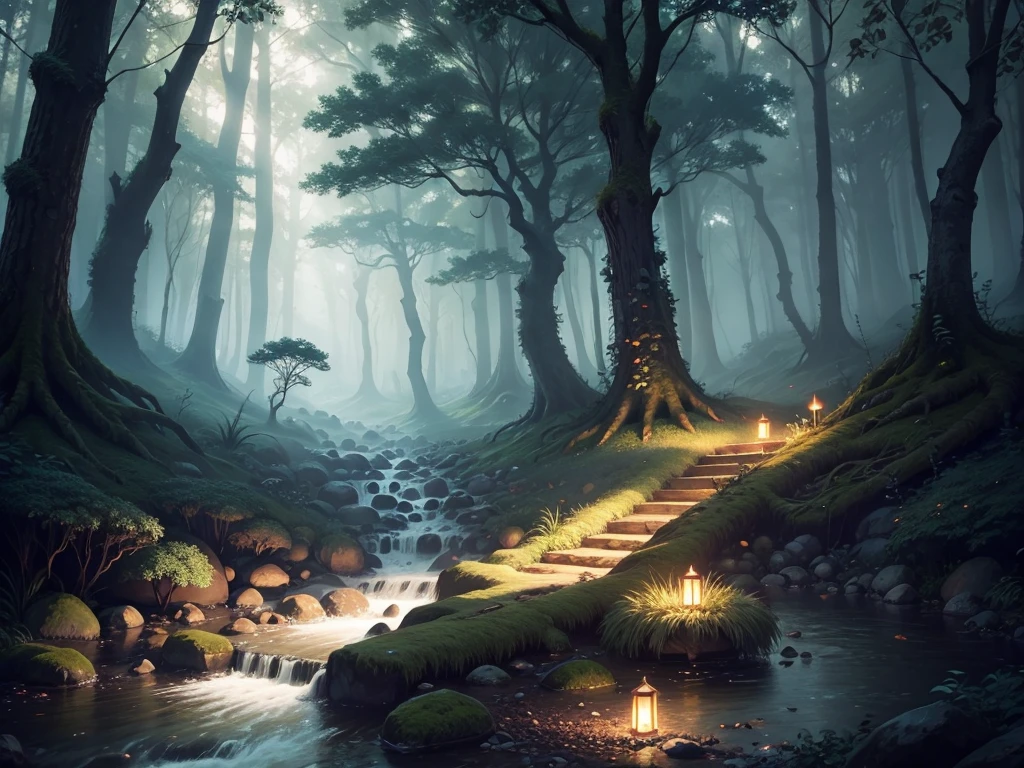 highly detailed digital painting, a mysterious fantasy forest scene with soft lighting, magical glowing mushrooms, a small stream, fallen logs, and a sense of mystery and tranquility, beautiful detailed trees, lush foliage, dramatic lighting, glowing fireflies, photorealistic, cinematic, warm color palette, depth of field blur, concept art style