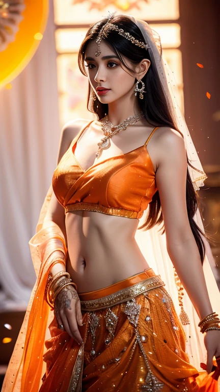 4K, UHD, masterpeice, 1 girl, good face, detailed eyes, detailed lips, very long hair, straight hair, very long hair, beautiful hair, hair ornaments, hairband, gradient hair, ((orange lehenga)), ((bridal lehenga)), ((decorated blouse)), sardine, ((ornament lehenga)), ((orange lace)), ((diamond bracelet)), ((pendant)), Pearl, ornaments, necklace, earring, high lighting, ((bare stomach)), ((in the wedding stage)), orange color, depth of field, ray tracing, ultra realistic detailed,