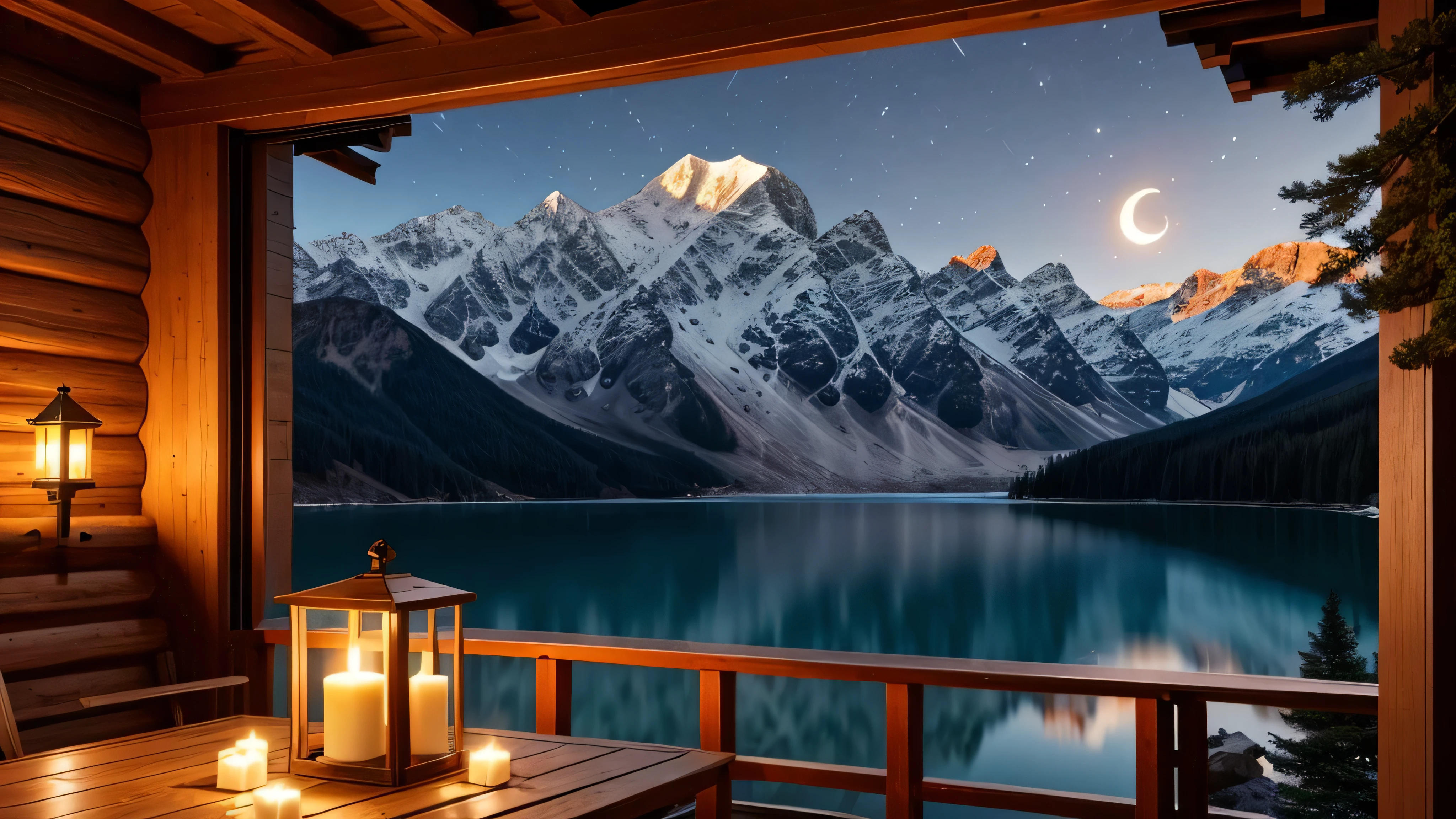 A distant mountain hut in the moonlight、Candle flame、lake、Balcony