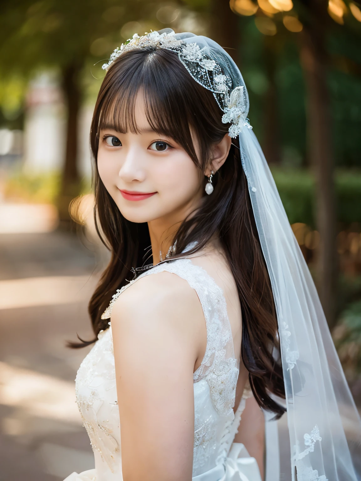 full color portrait of slender young woman , smile, wearing a wedding dress and veil, black hair, brown eyes, masterpiece, best quality, sharp focus, highres 8k uhd, ultra-detailed, rim light, style-bridal,full body
