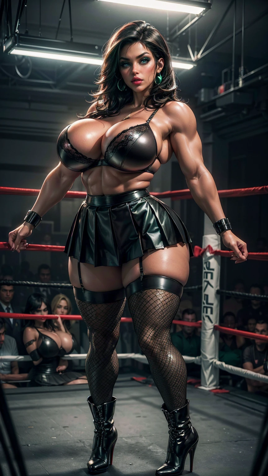 (best quality,highres:1.2), (ultra-detailed), (realistic:1.37), (HDR,UHD), (physically-based rendering), (busty mature muscular Denise Milani), ((black leather pleated skirt:1.3)), ((black leather bra:1.3)), ((short stiletto-heeled combat boots)), (stylish jet-black hair), ((firm ???????, deep cleavage, perfectly round ???????)), ((thicc, thick thighs:1.4)), ((wide calves, thick strong calves:1.5)), ((beautiful large green eyes):1.3), (intimidating pose in a boxing ring), (full-body portrait), (vivid colors), (fishnet stockings, thighhigh fishnet stockings:1.3), (hot red lips, makeup:1.3), ???? fighter, prominent ???????, rock solid ???????, (full body portrait:1.3), big_boltedontits, boltedontits, th3p1t, sakimichan,