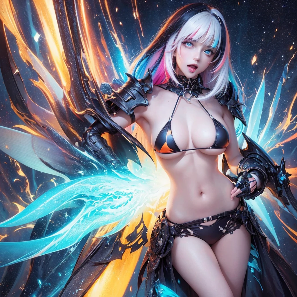 {{masterpiece}}, best quality, extremely detailed CG unity 8k wallpaper, cinematic lighting, lens flare, beautiful detail eyes, black,  side glance,  multicolor short white hair, colorful light, particles, heterochromia, (colorful:1.5), (colorful hair:1.5), Sexy bikini, bikini armor, wings on back,