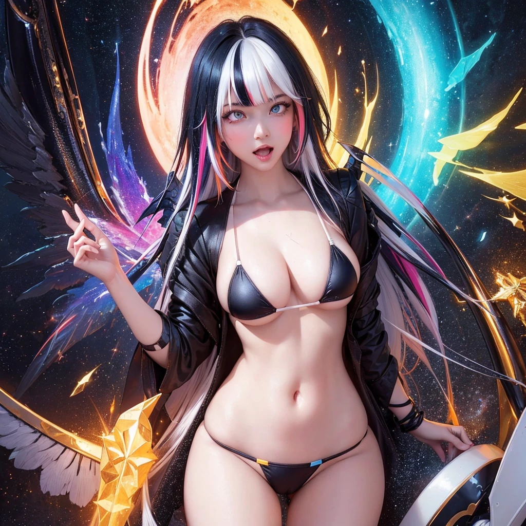 {{masterpiece}}, best quality, extremely detailed CG unity 8k wallpaper, cinematic lighting, lens flare, beautiful detail eyes, black,  side glance,  multicolor short white hair, colorful light, particles, heterochromia, (colorful:1.5), (colorful hair:1.5), Sexy bikini, bikini armor, wings on back,