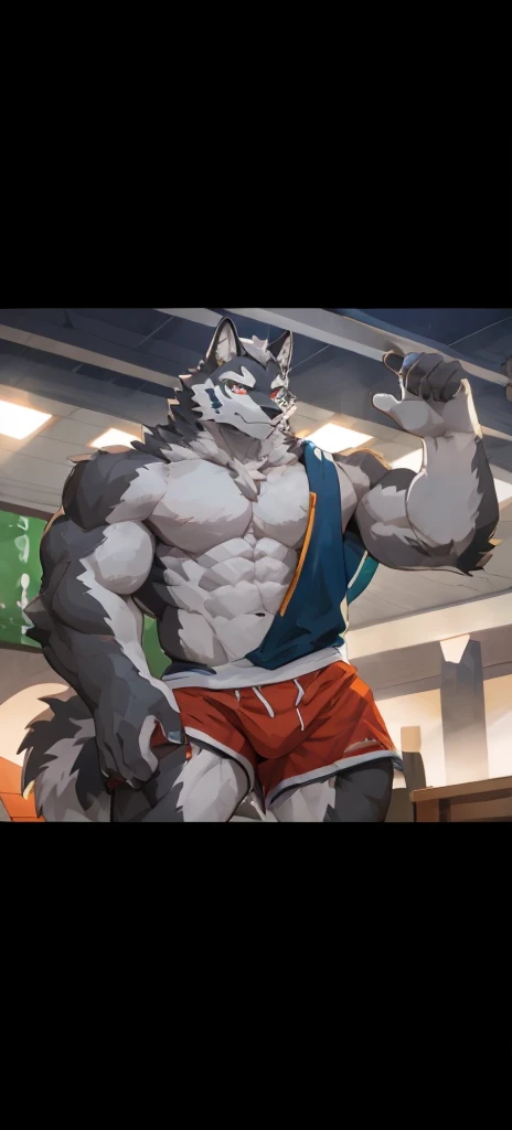 furry，Ultra-clear，16k，full body portrait，Full body close-up， clarity，Bright Eyes，delicate eyes，Worm's eye view，solo focus，Main body gray，Canidae，Big dog，Wolf，male，juvenile，student，high school student，sports student，young，Tough Guy，Silver-gray hair，golden eyes，Eyes as bright as the sun，tall and strong，Muscles all over the body，Large pectoral muscles，8 pack abs，Powerful biceps，thick tail，thick arms，generous palm，Wide and thick wolf claws, wide and thick animal feet, wide and thick wolf feet, sharp animal claws, sharp wolf claws，Perfect body proportions，Handsome，cute，Cool，youth，Aloof，Looks sunny，Strong build，Young face，Powerful and domineering，Be honest and honest，Humble，，Aggression，hormones，Middle two diseases，Eighth-grader syndrome，，，，，briefs，barefoot，no shoes，cold，indifferent，Poker face，stand，upright，hands in pockets，looking at the audience，erectile，tempting