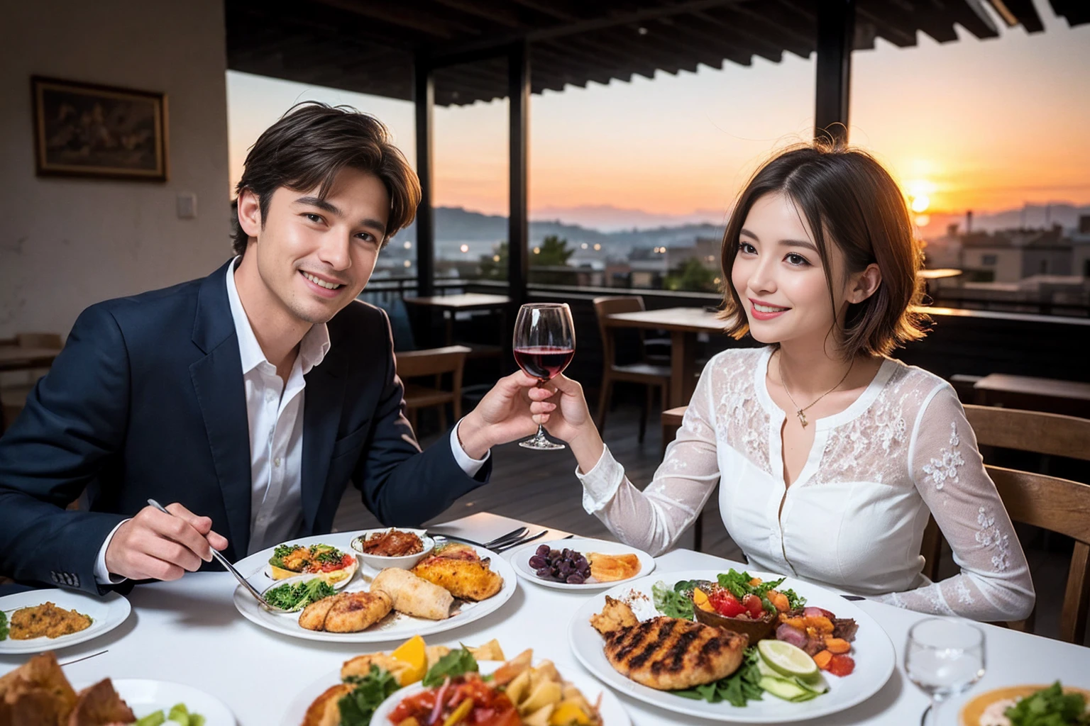 ((Highest quality、8K、masterpiece:1.3))、 (Ultra-realistic、 Genuine、Bright image、Intricate details:1.2), 最高のsmile、Slim Beauty、1 male 1 female、Beautiful couple、love love love、Roman Lovers、Good friends、actress couple、smile、Full-course dinner at a packed table、 (Slim face), (the body is slim), (Brown Hair), (short hair), テーブルのwine glass、Please shine a light on my face、 Amazing view of the sunset sky and clouds、 years old 39 years old, red wine 、Appetizers、Wine bottle、sparkling wine、Long sleeve shirt、dress、White wine, red wine, wine glass, 