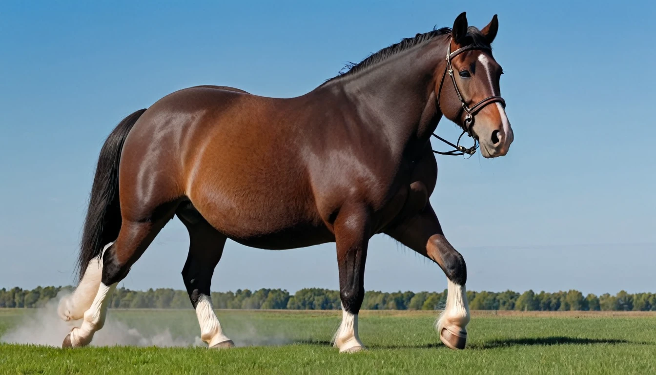 big fat Belgian draft horse mare (side view). massive bum. very short tail. horse facing horizon . (riding horse, very full figured, very dark skinned, BBW, nude African woman) flat grass meadow. steaming horse dung behind horse. cloudless blue sky.