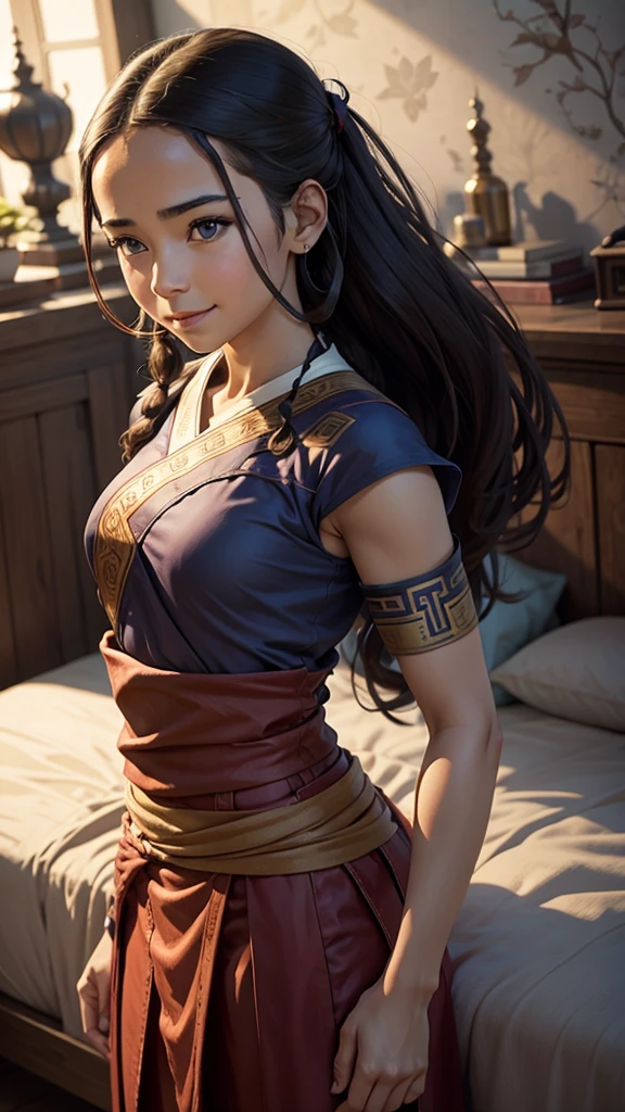 Katara, 1girl, fantasy, highres,  looking_away, looking_to_the_side,  original, realistic,   scenery,  Close-up, upper_body, smiling, action pose,on_bed,