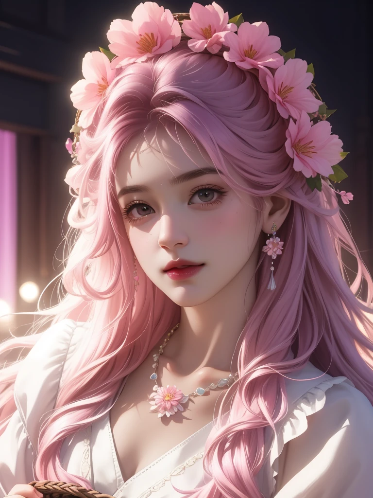 best quality, masterpiece, High target, There is a girl with a basket of flowers on her head, beautiful clothes, Hair Decorationss, necklace, Decorations, Pretty Face, When the body, Tyndall effect, Realistic Portraits, Edge lighting, Two-color light, (Very delicate skin:1.2), 8K uhd, Digital SLR Camera, Soft Light, high quality, Volumetric Lighting, Honest, photo, high resolution, 4K, 8K, Bokeh, Pink hair,purple hair ends,.