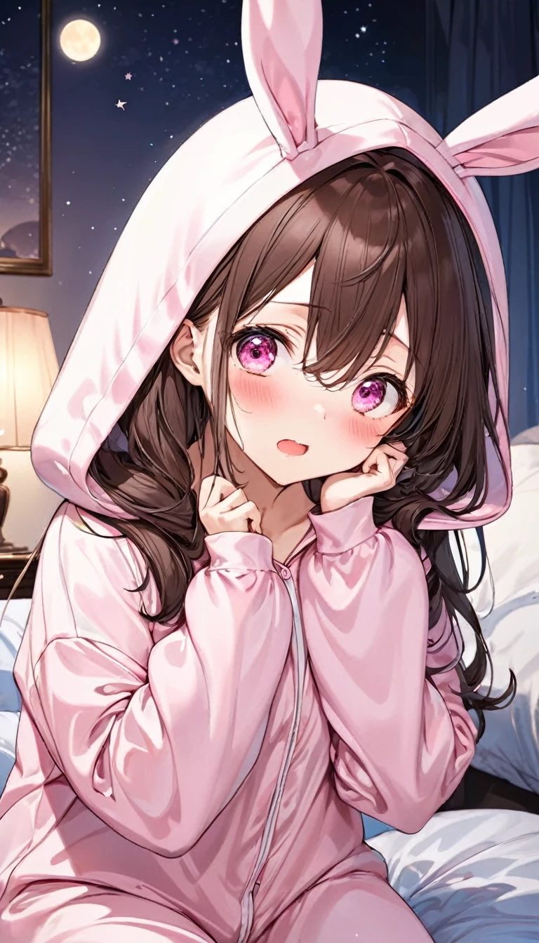 (Kigurumi pajamas style) ( yo, solo hair over eyes brown hair long hair cute girl, surprised pink eyes, surprised face), (in a bunny hooded, bunny kigurumi), break, in the lovely bedroom of night, BREAK, masterpiece, best quality, 16k, beautiful detailed night, daydreaming expression.