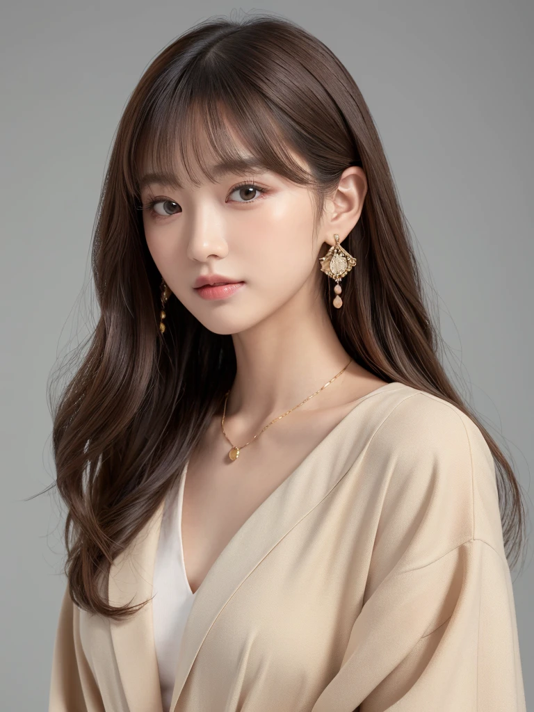  ((Highest quality, 8K, masterpiece:1.3)), concentrate: 1.2, Perfect body beauty: 1.4, Hips: 1.2, ((Long Hair, chest: 1.2)), (Dry clothes: 1.1) , (clear, Simple Background:1.3), Simple clothes: 1.1, Highly detailed face and skin texture,Delicate eyes, double eyelid, Whitened skin, Rough skin、Long Hair、Earrings with bangs、necklace、 solo、Beige coat、White shirt,  (((Beautiful girl with cute Japan)))、  ((Beautiful Japanese girl 20 years old))、 ((Baby Face))、 (((Slender body)))、  Upper Body，Face focus、necklace，Simple Background，From above， Realistic Hair、 A photograph was taken:Canon EOS R6、135mm、1/1250 seconds、f2.8、ISO400、(Detailed explanation of the hand)、(Masseter muscle area)、(Exquisite CG)、Long Hair, loose and curly hair、Korean Hair、Long Hair明るいベージュ色、グラデーションハイライトグレージュのゆるふわLong Hairスタイル、