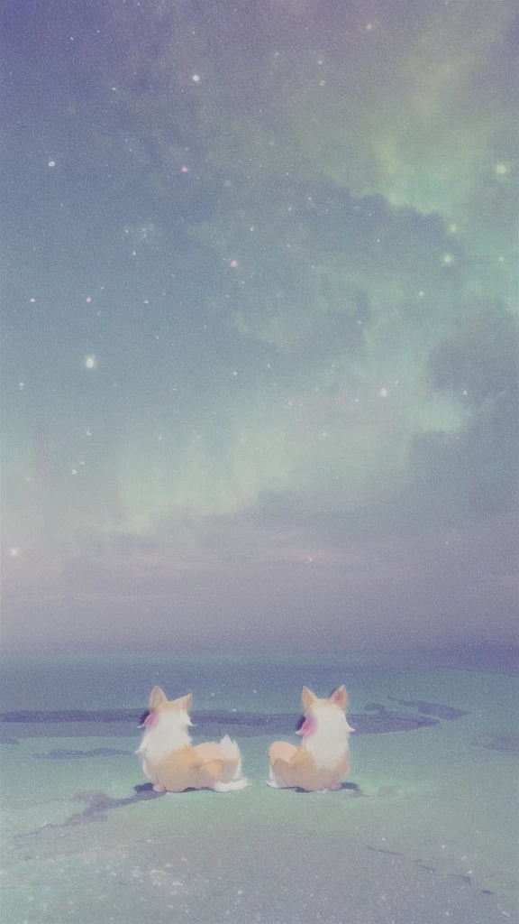 (Soft pastel colors:1.2)、Foxes staring into space、From the back、sit side by side、Attractive light blue、Surreal、Whimsical、Magical、Fantasy、dream-like、warm