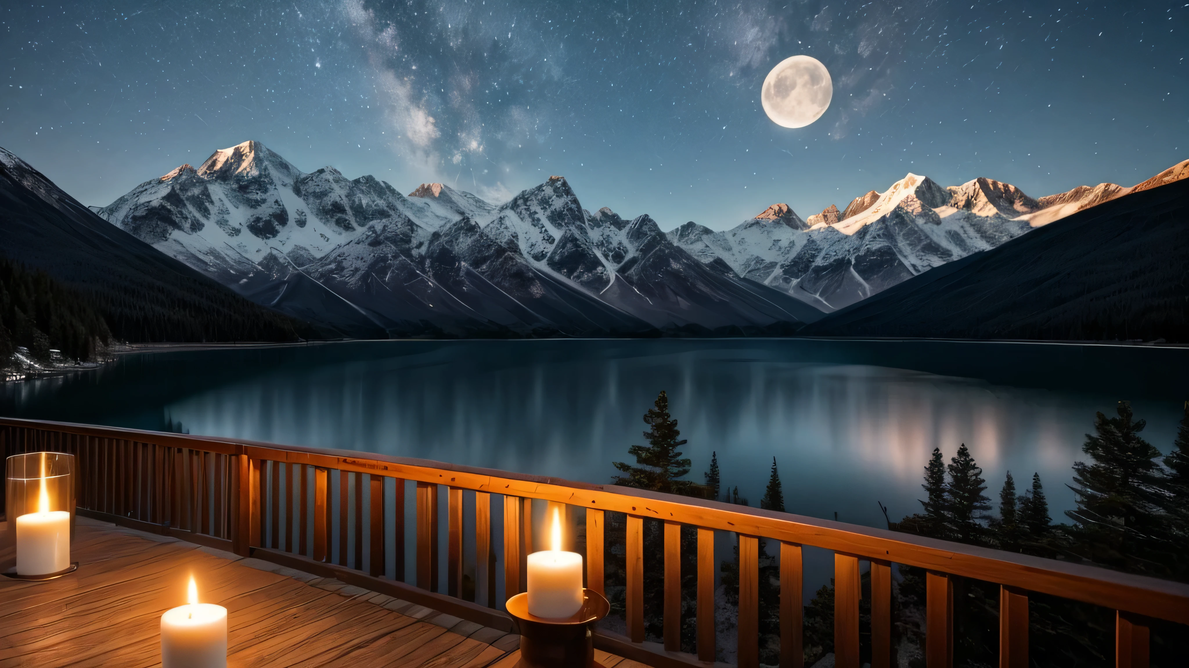 A distant mountain hut in the moonlight、Candle flame、lake、Balcony