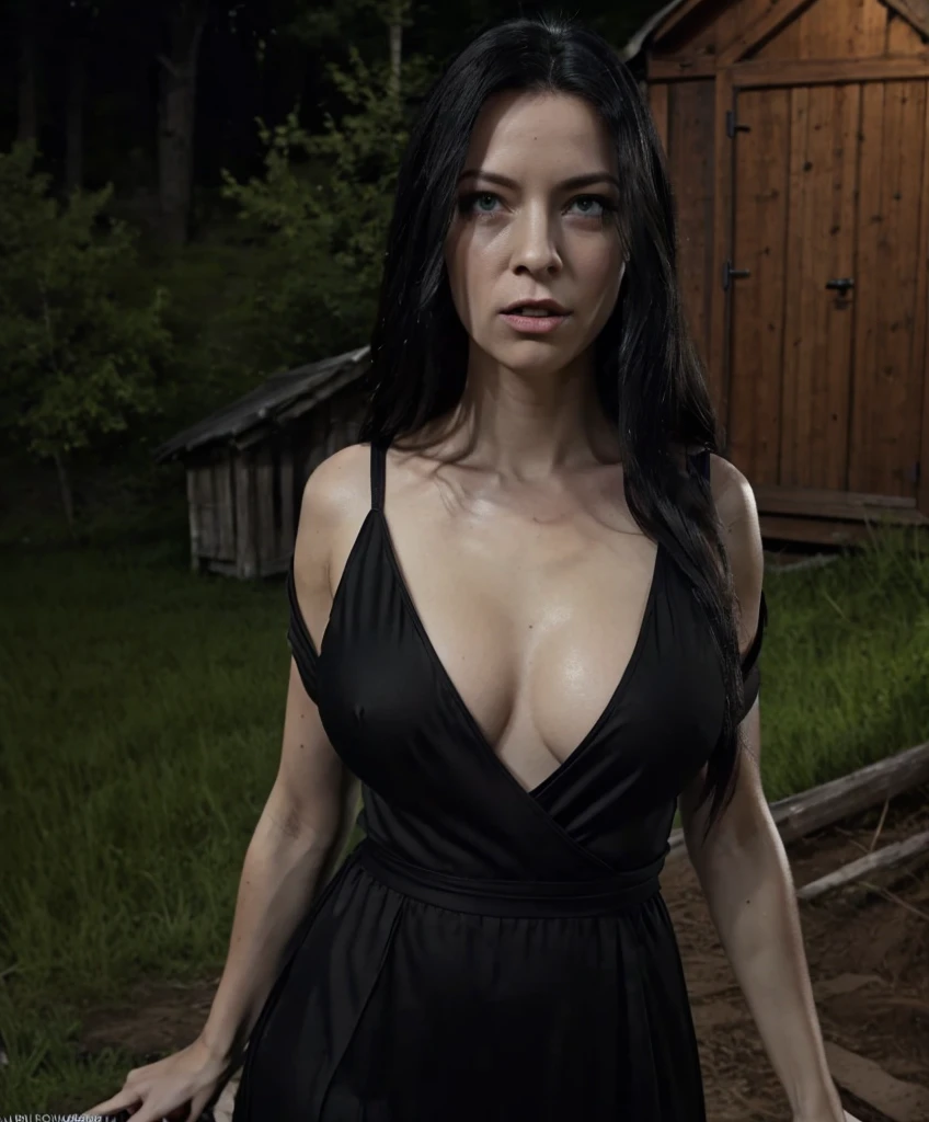 looking at viewer, view from above, fucked silly, defeat, masterpiece 8k, high Detailed image (realism), Shelob, pale skin, long black hair, green eyes, wearing black dress, huge breast cleavage, (shiny huge breasts), (naturally saggy breasts), (focus on detailed body anatomy), Slim body , scared expression,((tears)), full body, standing a grass field on a full moon and an old creepy wooden hut in the background. Ultra Realistic, Detailed Environments, Dramatic Lighting, ((Detailed Image)), (Intricate Details), Professional Photography, ((Shallow Depth of Field)) (Cinematic Lighting), HDR Enhancement, Ultra Fine Texture, Photorealistic, Extremely Realistic.