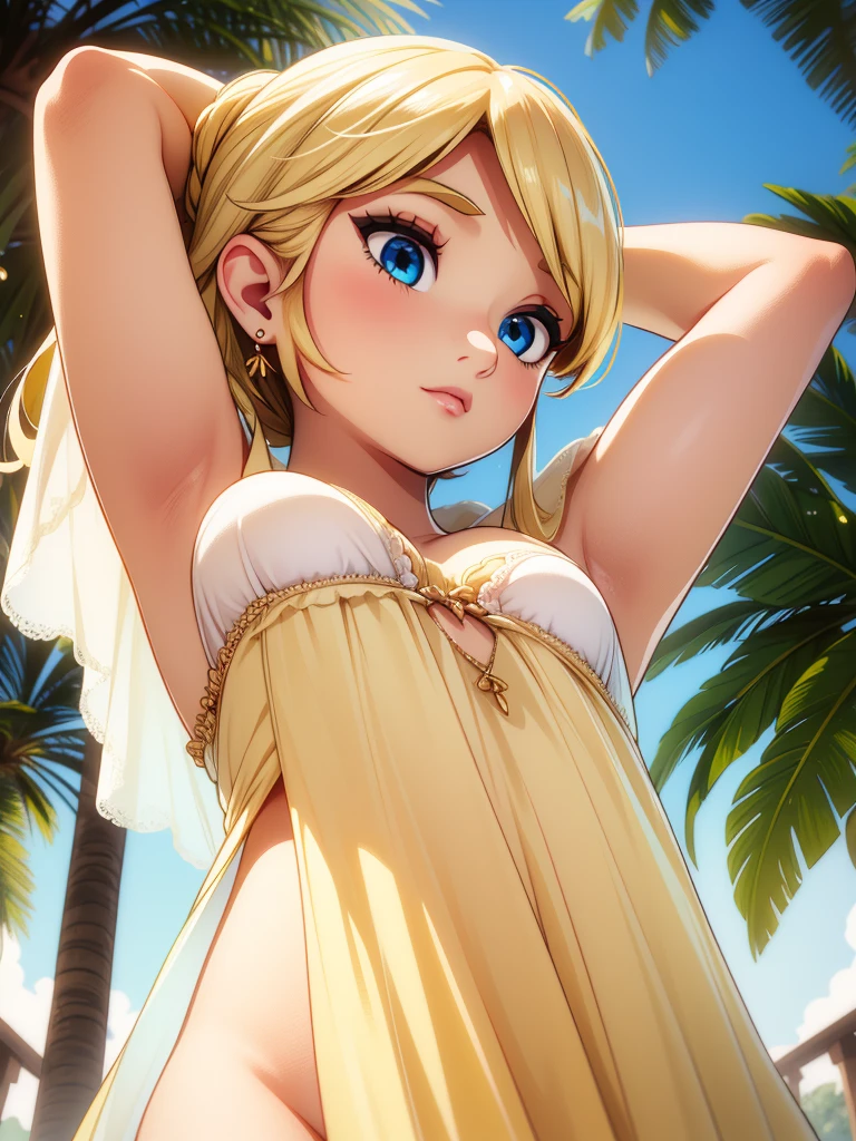 looking away,1girl,arms behind head,arms up,blonde hair,,,earrings,evening,eyelashes,eyeshadow,from below,(em uma floresta mostrando os peitos)((bicos de peito)) (((((sem roupa)))))