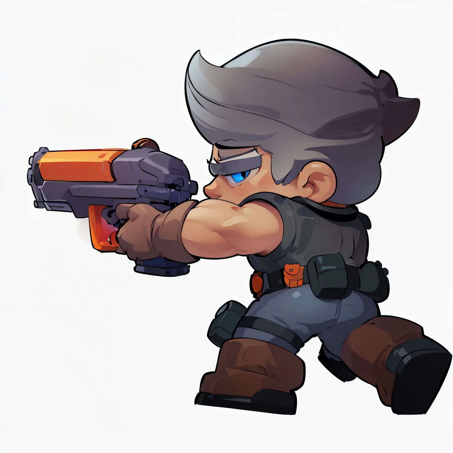 (masterpiece, best quality:1.2), A simple and beautiful orange pistol， (Hand holding orange pistol:1.2), Gray Hair, , Wearing gloves, Cowboy shooting, 1 Boy, Eyes staring into the distance，White hair, Back, With your back to the audience, (Hand holding orange pistol:1.2), Gray Hair, , Wearing gloves,