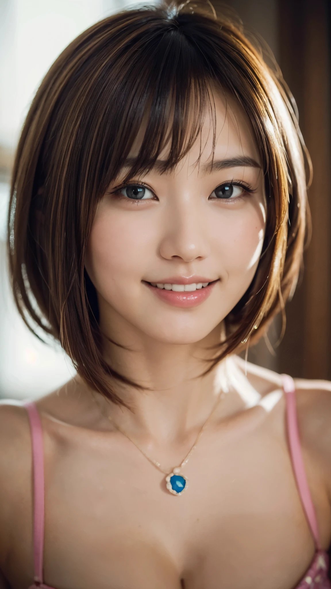 (masterpiece),(Highest quality:1.2),(Very detailed:1.2),(High resolution),(Photorealistic Stick),(RAW Photos),8K,Backlight,(Depth of written boundary),(Sleek lighting:1.2),Close-up of a clothed woman,Soft portrait shots,Beautiful Japanese Women,Gorgeous face portrait,(Eye light,Sharp pupils,Detailed eye drawing,)Very beautiful face,(Detailed skin texture:1.3),Beautiful portrait,A lovely and delicate face,Beautiful young Japanese woman,Short Bob,Look this way,front,(POV shot),(smile)