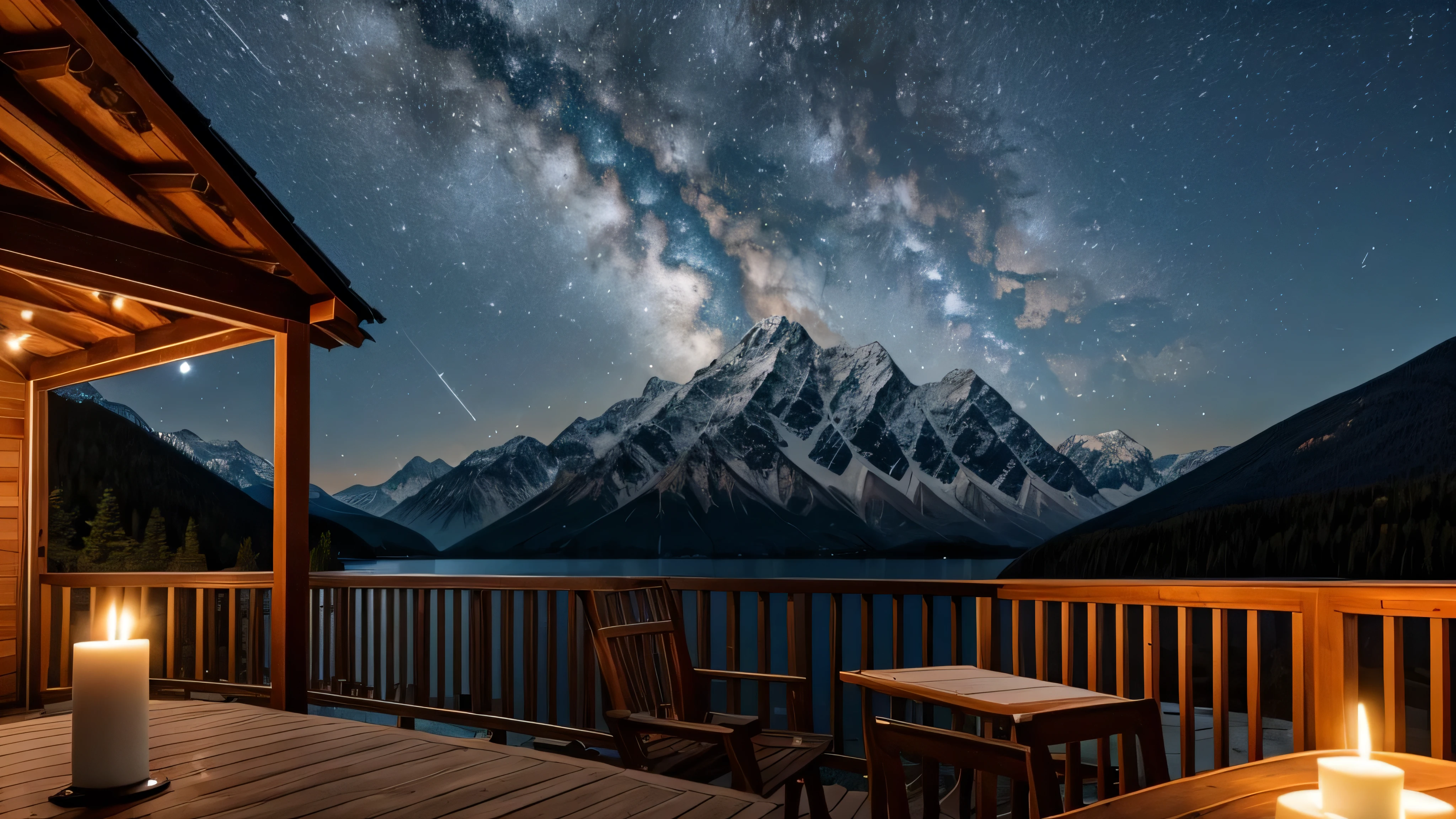 A distant mountain hut in the moonlight、Candle flame、lake、Balcony