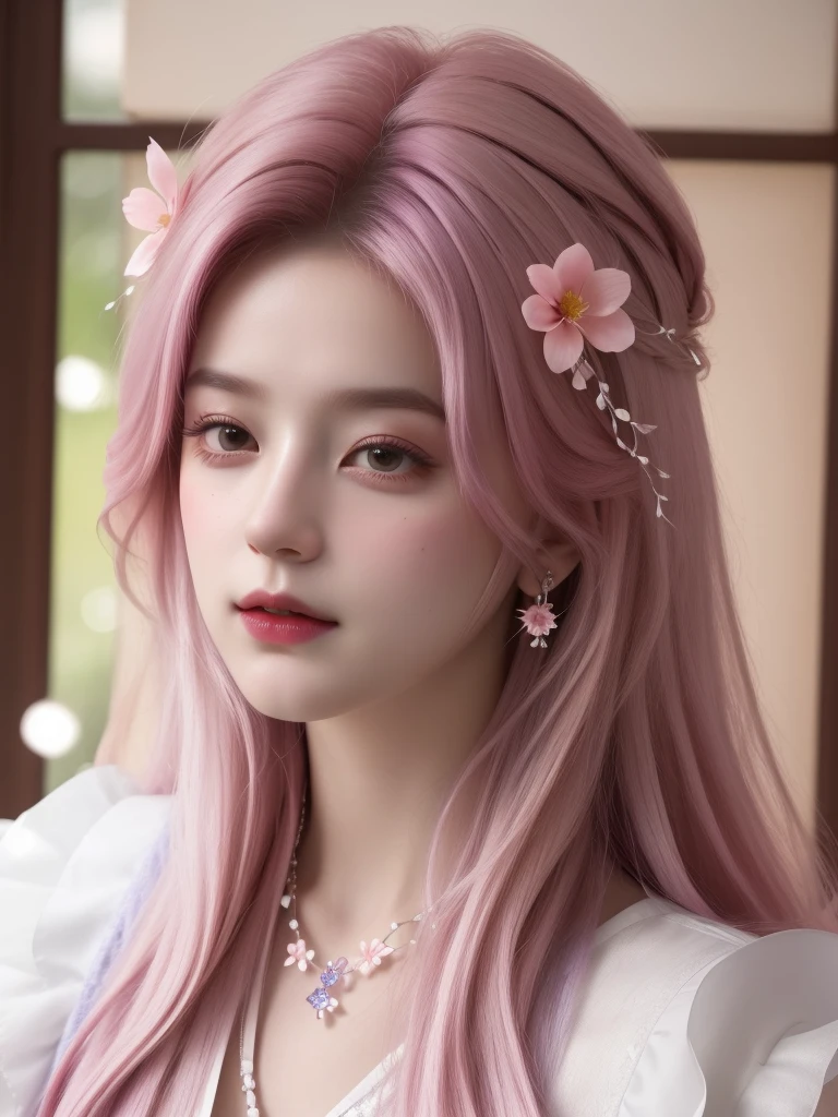best quality, masterpiece, High target, There is a girl with a basket of flowers on her head, beautiful clothes, Hair Decorationss, necklace, Decorations, Pretty Face, When the body, Tyndall effect, Realistic Portraits, Edge lighting, Two-color light, (Very delicate skin:1.2), 8K uhd, Digital SLR Camera, Soft Light, high quality, Volumetric Lighting, Honest, photo, high resolution, 4K, 8K, Bokeh, Pink hair,purple hair ends,.