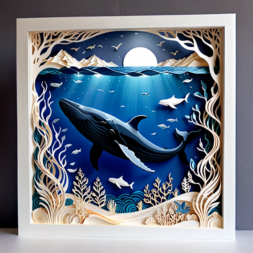 Create a detailed paper cutout artwork depicting a sea scene with a whale. The scene should include the vast ocean with waves gently rolling, a majestic whale breaching the surface or swimming gracefully beneath the water. The sky above should be clear or dotted with a few clouds, and the water should be teeming with marine life like fish and sea plants. The artwork should capture the grandeur and serenity of the ocean and the whale, highlighting the harmony between the sea and its inhabitants. The overall mood should be awe-inspiring and tranquil, showcasing the beauty of marine life
