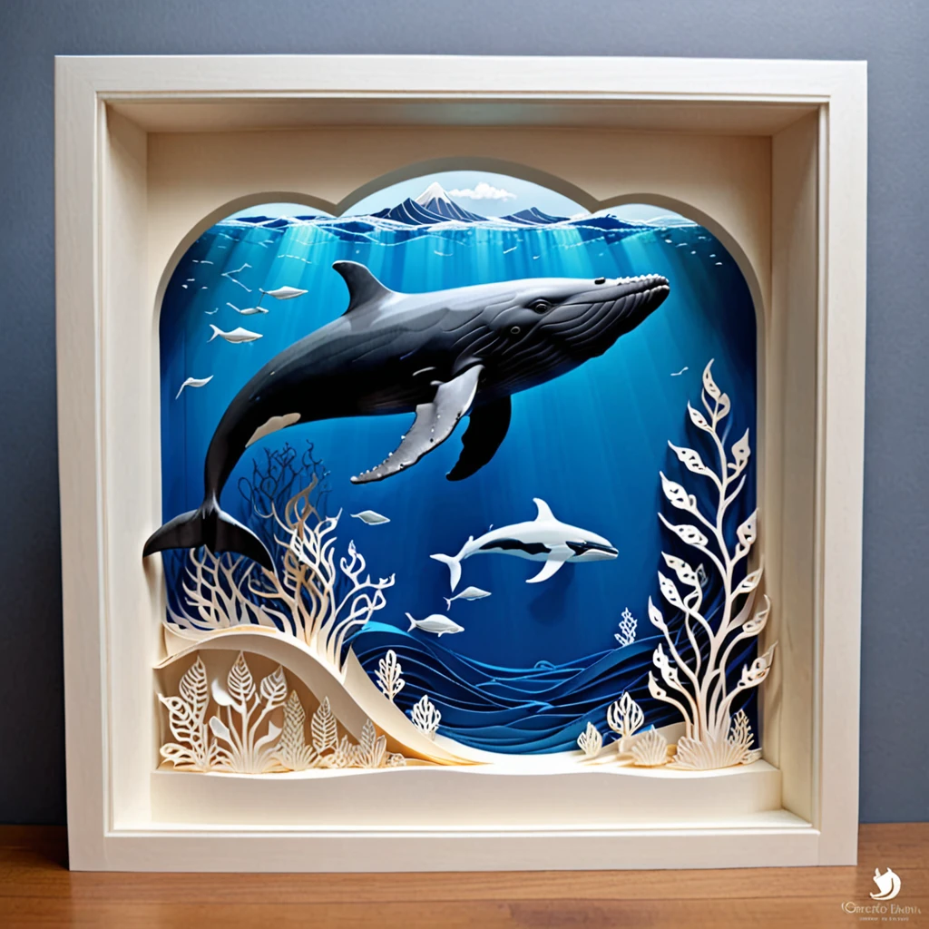 Create a detailed paper cutout artwork depicting a sea scene with a whale. The scene should include the vast ocean with waves gently rolling, a majestic whale breaching the surface or swimming gracefully beneath the water. The sky above should be clear or dotted with a few clouds, and the water should be teeming with marine life like fish and sea plants. The artwork should capture the grandeur and serenity of the ocean and the whale, highlighting the harmony between the sea and its inhabitants. The overall mood should be awe-inspiring and tranquil, showcasing the beauty of marine life