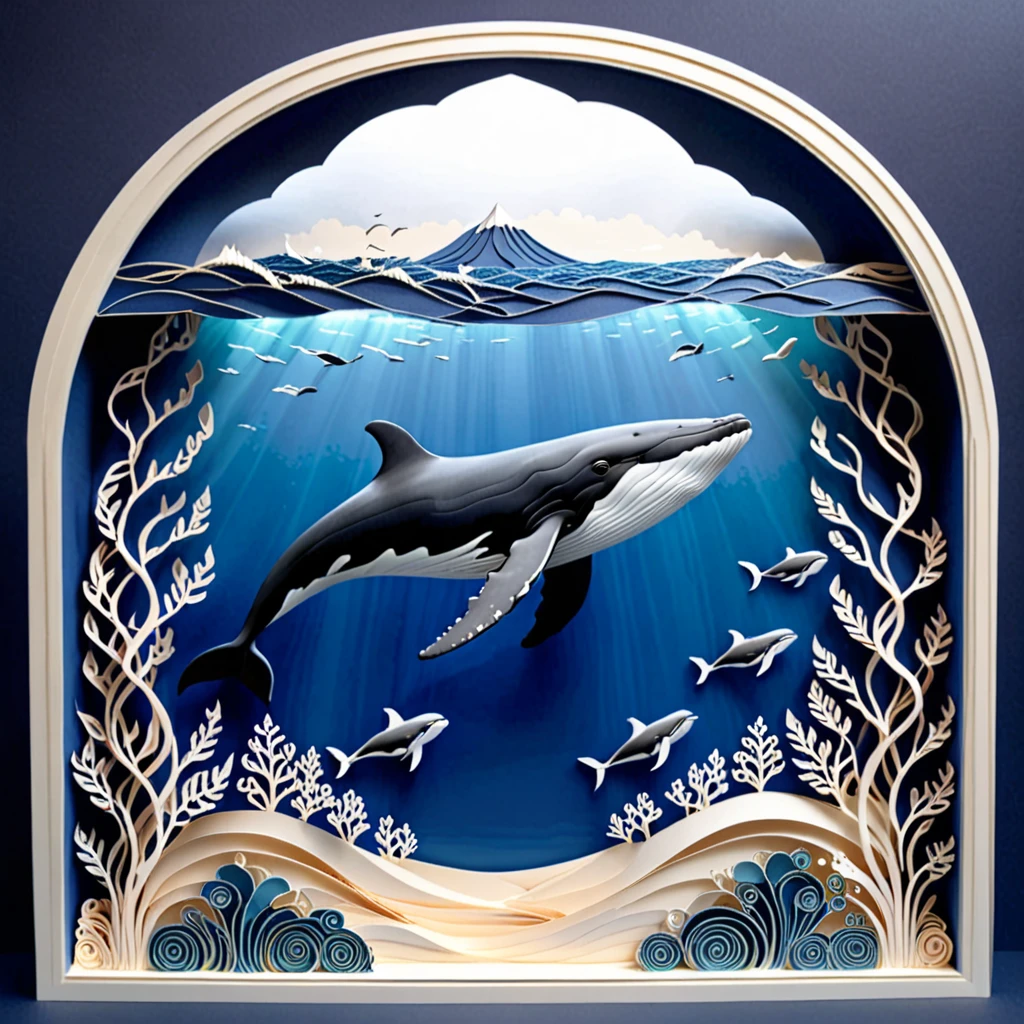 Create a detailed paper cutout artwork depicting a sea scene with a whale. The scene should include the vast ocean with waves gently rolling, a majestic whale breaching the surface or swimming gracefully beneath the water. The sky above should be clear or dotted with a few clouds, and the water should be teeming with marine life like fish and sea plants. The artwork should capture the grandeur and serenity of the ocean and the whale, highlighting the harmony between the sea and its inhabitants. The overall mood should be awe-inspiring and tranquil, showcasing the beauty of marine life