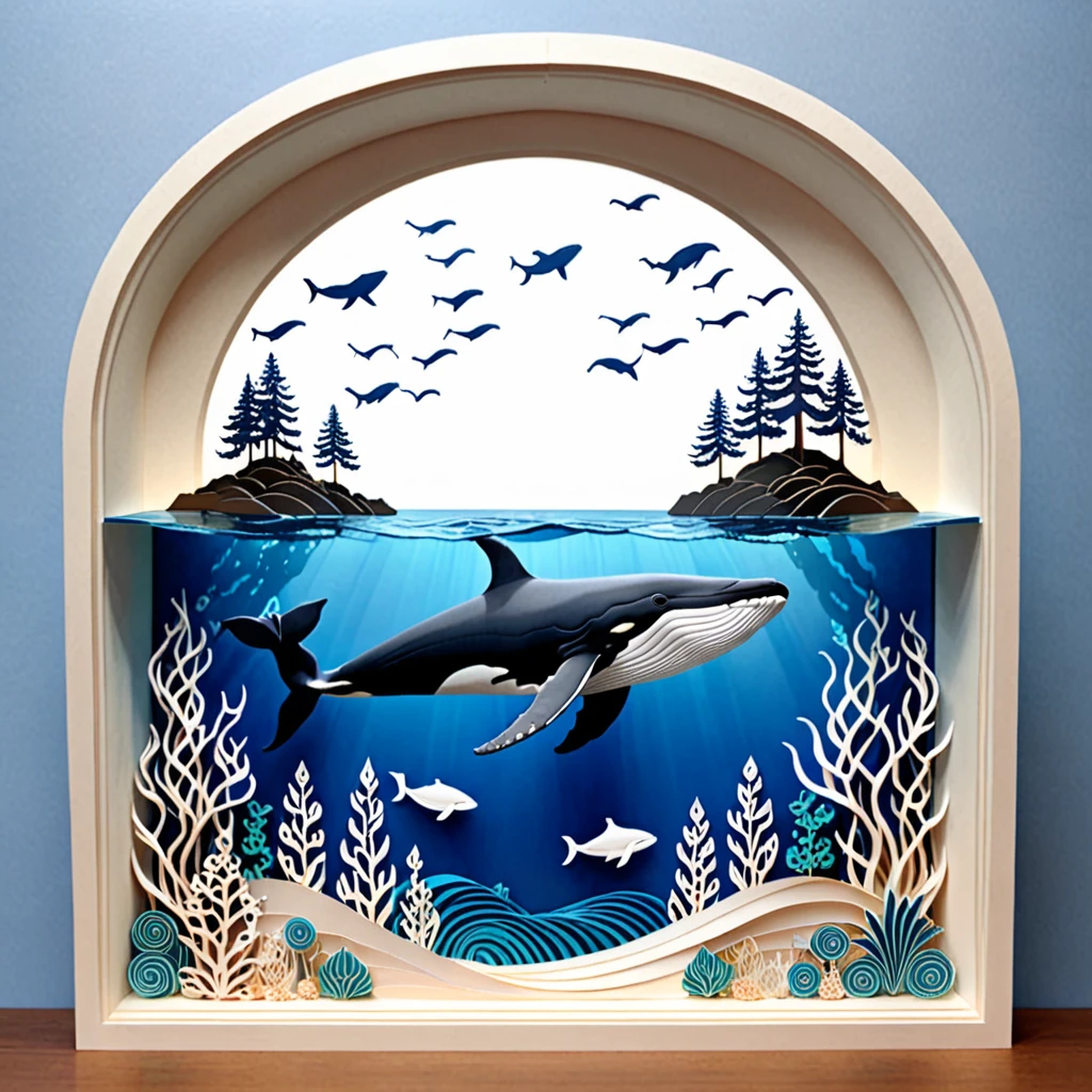 Create a detailed paper cutout artwork depicting a sea scene with a whale. The scene should include the vast ocean with waves gently rolling, a majestic whale breaching the surface or swimming gracefully beneath the water. The sky above should be clear or dotted with a few clouds, and the water should be teeming with marine life like fish and sea plants. The artwork should capture the grandeur and serenity of the ocean and the whale, highlighting the harmony between the sea and its inhabitants. The overall mood should be awe-inspiring and tranquil, showcasing the beauty of marine life