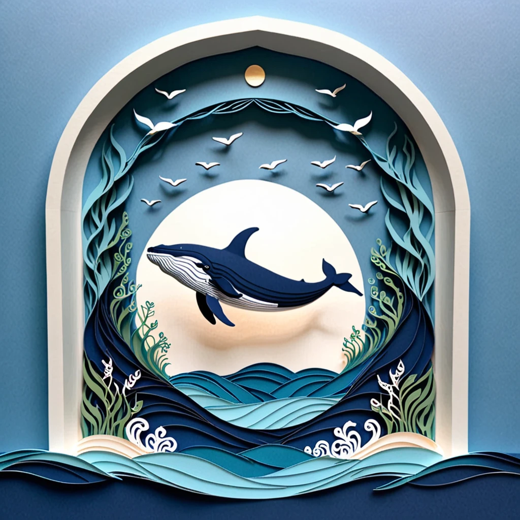 Create a detailed paper cutout artwork depicting a sea scene with a whale. The scene should include the vast ocean with waves gently rolling, a majestic whale breaching the surface or swimming gracefully beneath the water. The sky above should be clear or dotted with a few clouds, and the water should be teeming with marine life like fish and sea plants. The artwork should capture the grandeur and serenity of the ocean and the whale, highlighting the harmony between the sea and its inhabitants. The overall mood should be awe-inspiring and tranquil, showcasing the beauty of marine life