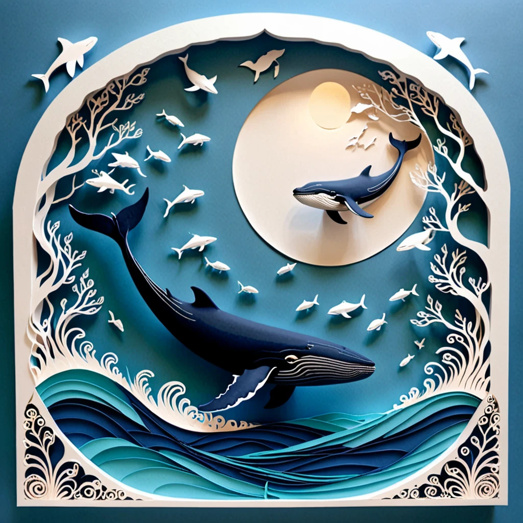 Create a detailed paper cutout artwork depicting a sea scene with a whale. The scene should include the vast ocean with waves gently rolling, a majestic whale breaching the surface or swimming gracefully beneath the water. The sky above should be clear or dotted with a few clouds, and the water should be teeming with marine life like fish and sea plants. The artwork should capture the grandeur and serenity of the ocean and the whale, highlighting the harmony between the sea and its inhabitants. The overall mood should be awe-inspiring and tranquil, showcasing the beauty of marine life