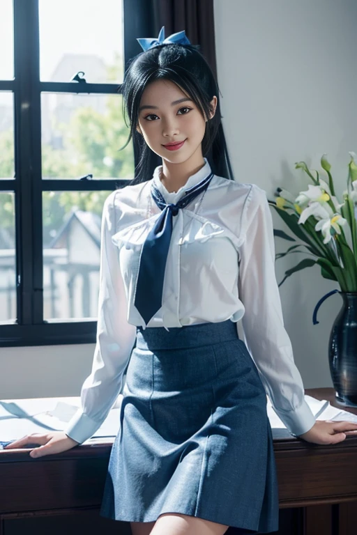 masterpiece, Highest quality, High resolution, Very detailed, Detailed Background,(Fraurem Chrome, (Black Hair, Semi-long hair, Blue ribbon in ponytail),(White blouse, Blue short ribbon tie, Blue long skirt), small, Neat, Iris,study, A kind smile), Scale out, Chic study, Vase Nude
