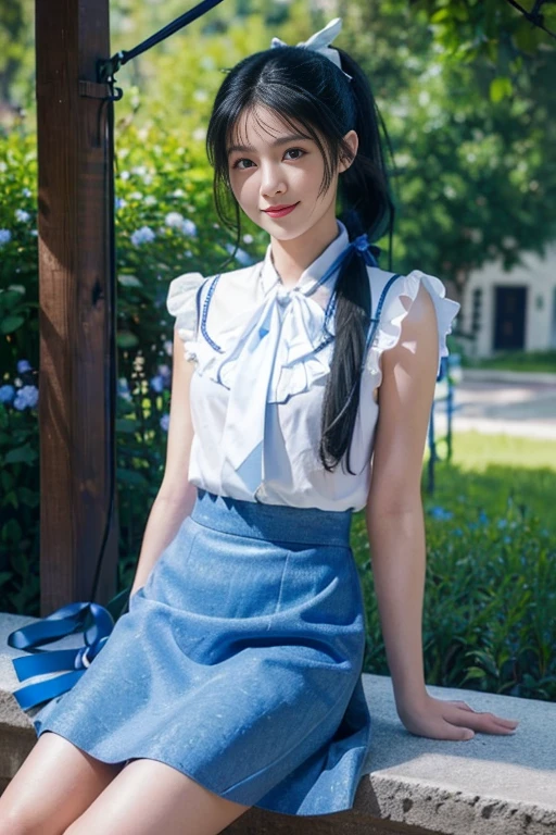 masterpiece, Highest quality, High resolution, Very detailed, Detailed Background,(Fraurem Chrome, (Black Hair, Semi-long hair, Blue ribbon in ponytail),(White blouse, Blue short ribbon tie, Blue long skirt), small, Neat, Iris,study, A kind smile), Scale out, Chic study, Vase Nude
