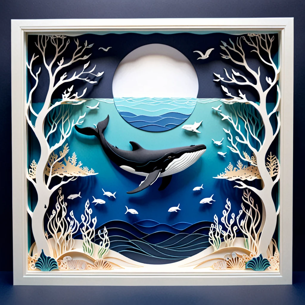 Create a detailed paper cutout artwork depicting a sea scene with a whale. The scene should include the vast ocean with waves gently rolling, a majestic whale breaching the surface or swimming gracefully beneath the water. The sky above should be clear or dotted with a few clouds, and the water should be teeming with marine life like fish and sea plants. The artwork should capture the grandeur and serenity of the ocean and the whale, highlighting the harmony between the sea and its inhabitants. The overall mood should be awe-inspiring and tranquil, showcasing the beauty of marine life