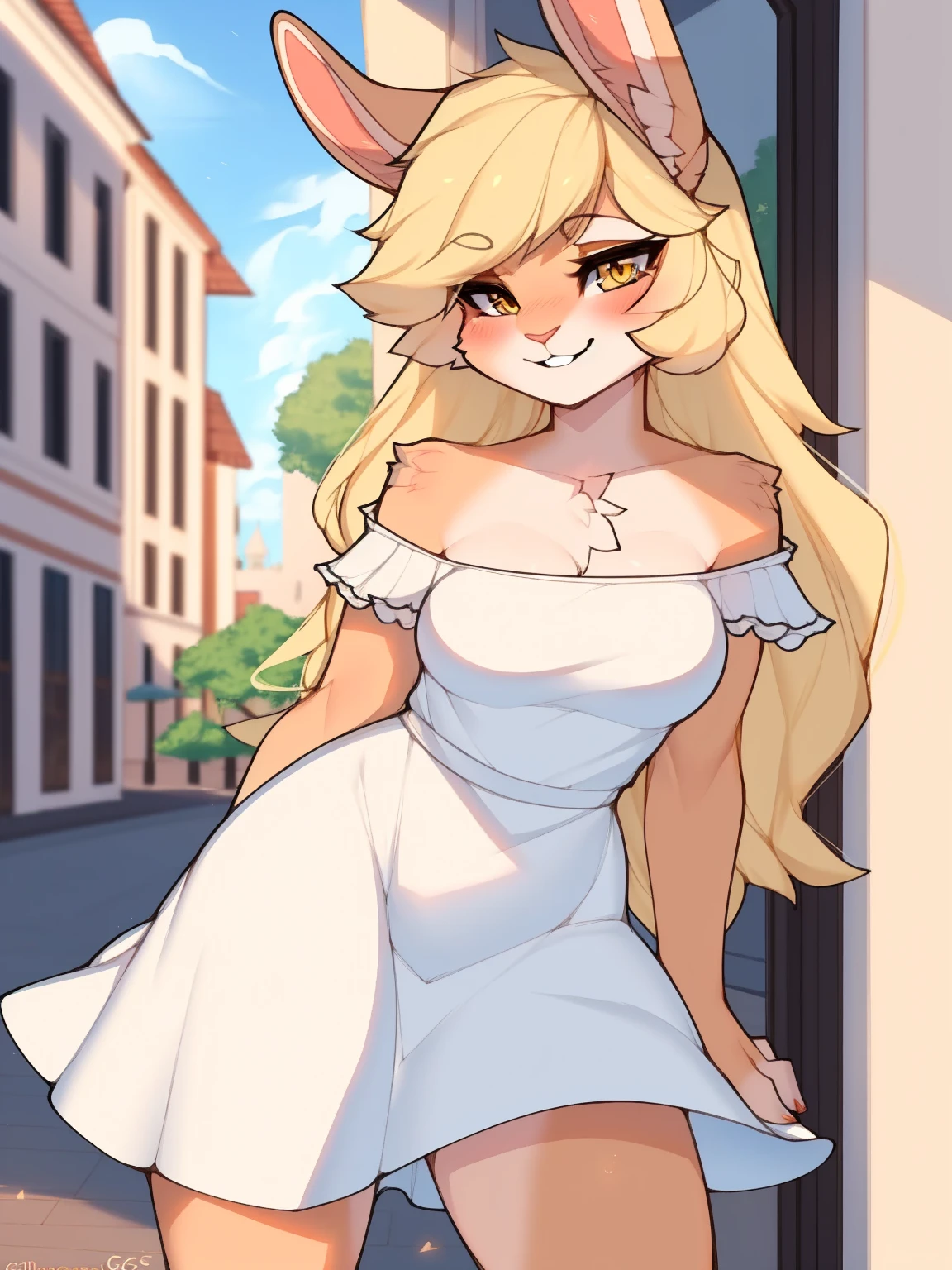 sfw, by claweddrip, by ressue, by pudgeruffian, by fleet-foot, by thericegoat, best quality, masterpiece, solo, female, rabbit, rabbit tail, (lop ears:1.1), blonde hair, long straight hair, beige fur, yellow eyes, bright eyes, medium breast, sundress, white sundress, off-shoulder, frills, gentle smile, plaza scenery