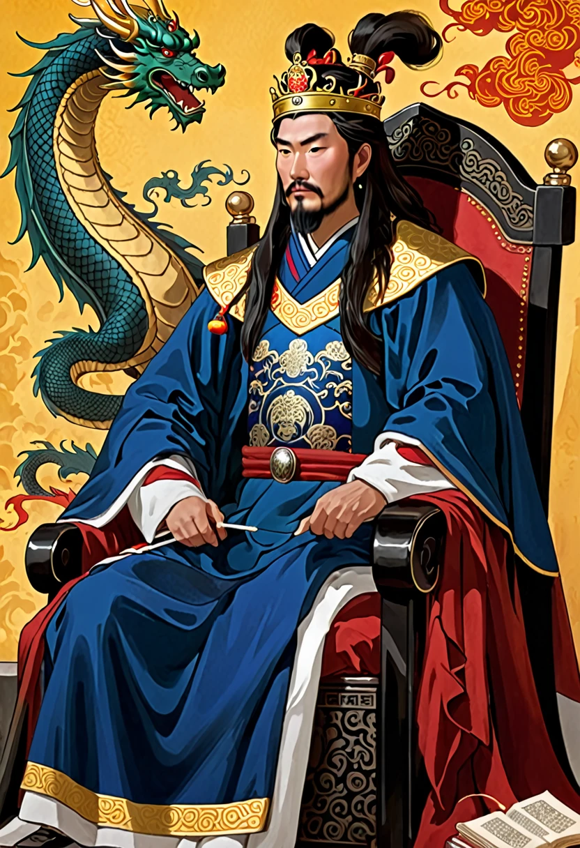 A cunning and strategic portrait of Cao Cao, a warlord from the Three Kingdoms era. He wears a royal robe with dragon patterns, a crown, and has a sharp, intelligent look. He is seated on a throne, holding a fan, surrounded by maps and scrolls.