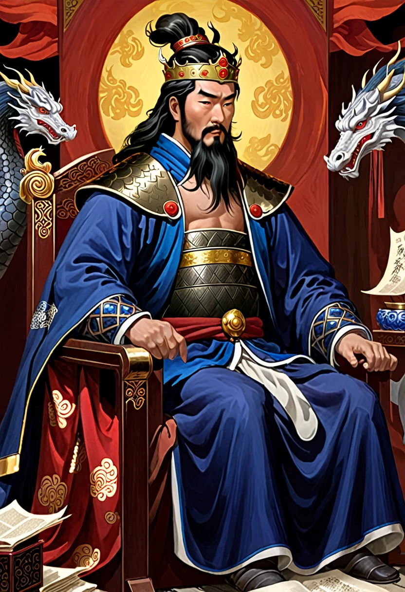 A cunning and strategic portrait of Cao Cao, a warlord from the Three Kingdoms era. He wears a royal robe with dragon patterns, a crown, and has a sharp, intelligent look. He is seated on a throne, holding a fan, surrounded by maps and scrolls.