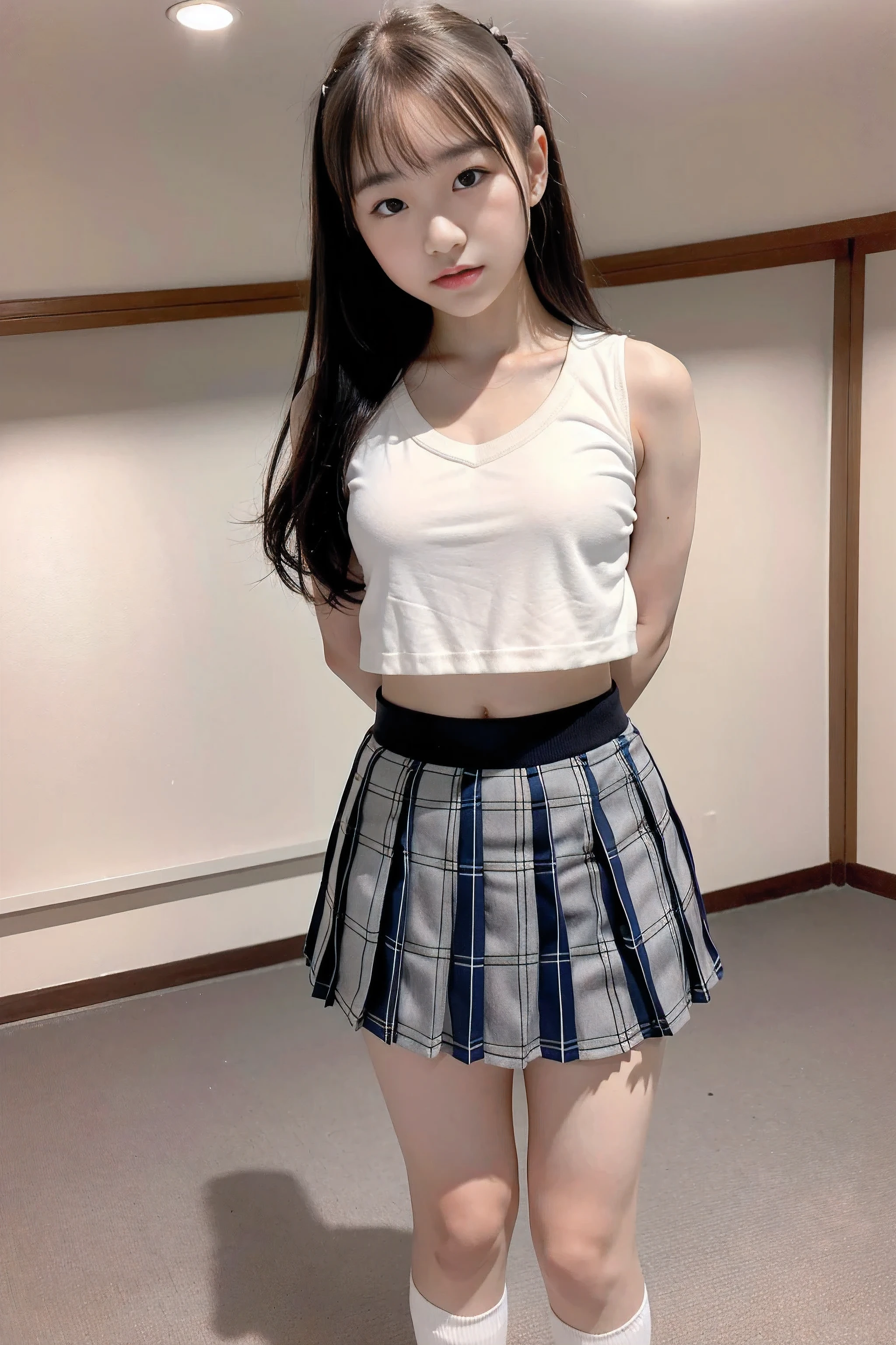 simple background, cowboy shot, symmetrical, uniform spacing, standing straight for camera, ((arms behind back)), one cheerleader girl, (18 years old), ((("CHEER" on chest, pleated mini skirt, socks)))