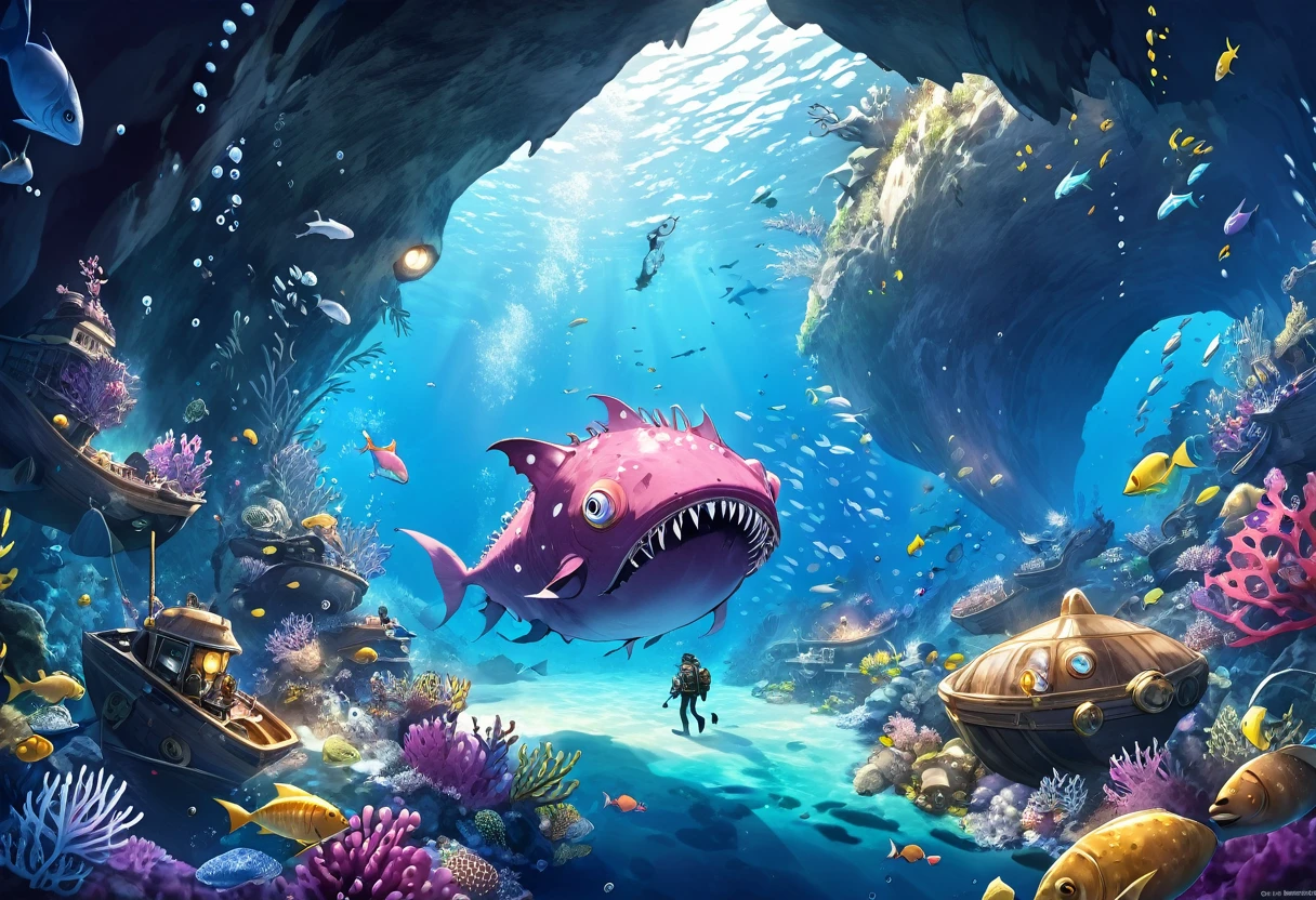 An anglerfish monster disguised as a giant underwater cave、The giant mouth is full of treasures、The treasure hunter divers approach without noticing.、Reality、Fantasy、