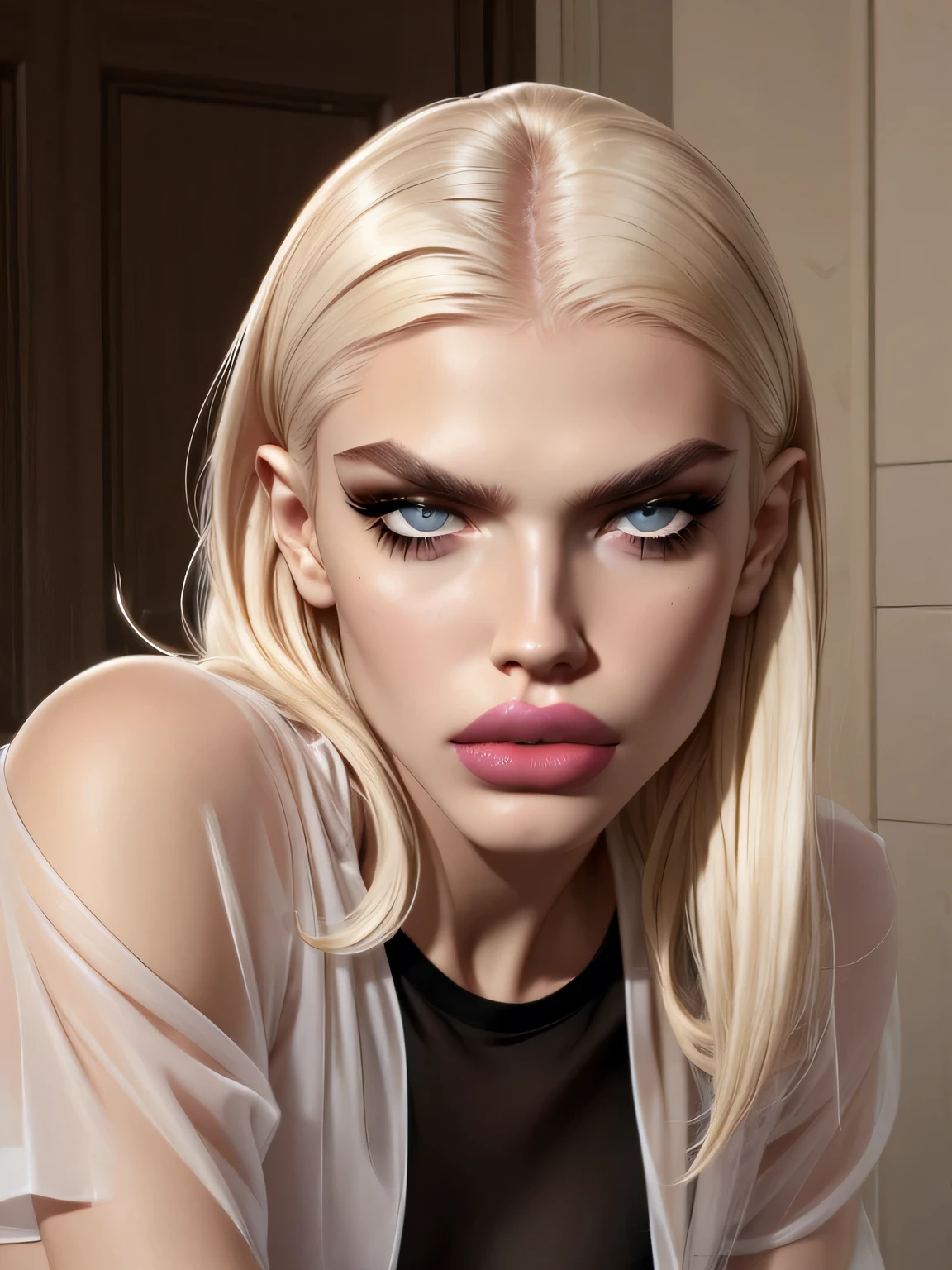 boy avatar, andrej pejic, long blonde hair, gray eyes, sharp features, bimbo lips, pink lipstick, sexy look,, soft male body, black nylon see-through shirt, 