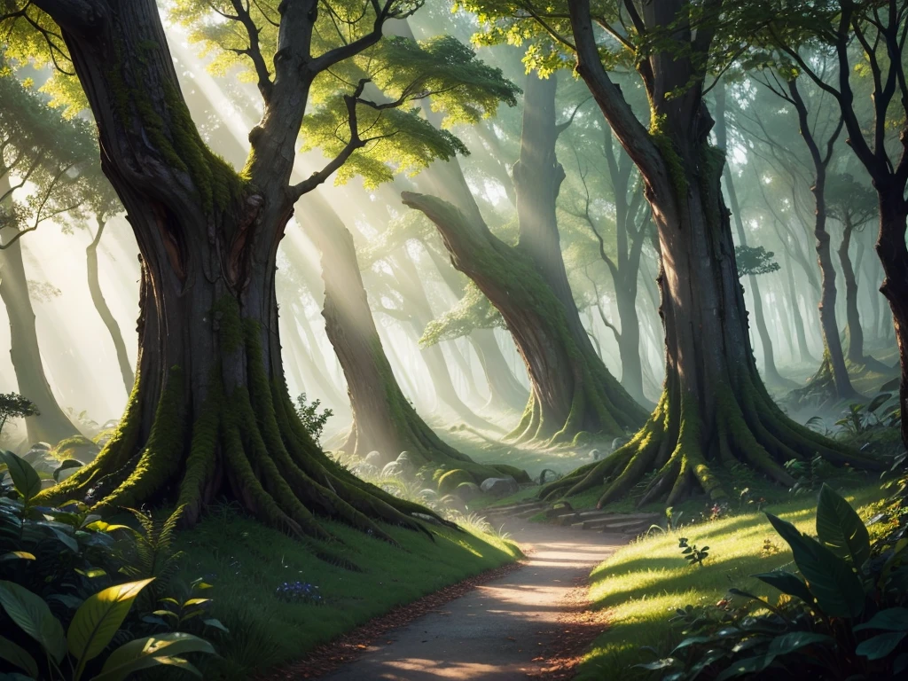 a fantastical forest landscape, lush greenery, sunbeams streaming through the canopy, magical atmosphere, ( best quality, 4k, 8k, highres, masterpiece:1.2), ultra-detailed, (realistic, photorealistic, photo-realistic:1.37), intricate foliage, detailed trees, mystical lighting, glowing mushrooms, ethereal mist, dreamy depth of field, fantasy, landscape, cinematic, vibrant colors, natural colors