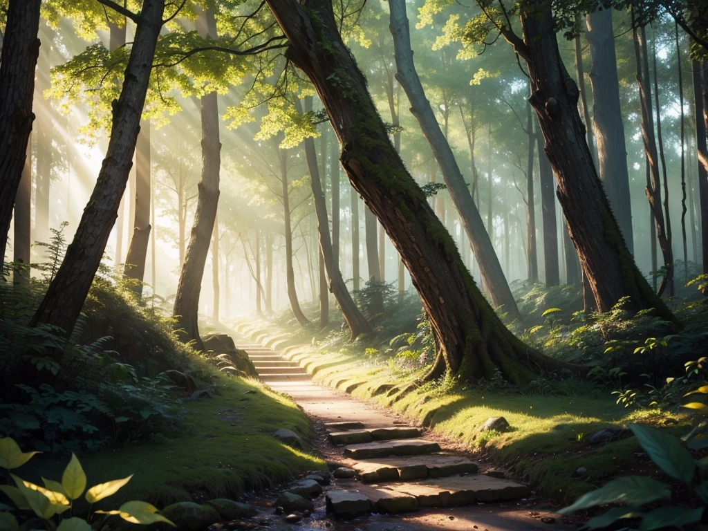 a fantastical forest landscape, lush greenery, sunbeams streaming through the canopy, magical atmosphere, ( best quality, 4k, 8k, highres, masterpiece:1.2), ultra-detailed, (realistic, photorealistic, photo-realistic:1.37), intricate foliage, detailed trees, mystical lighting, glowing mushrooms, ethereal mist, dreamy depth of field, fantasy, landscape, cinematic, vibrant colors, natural colors