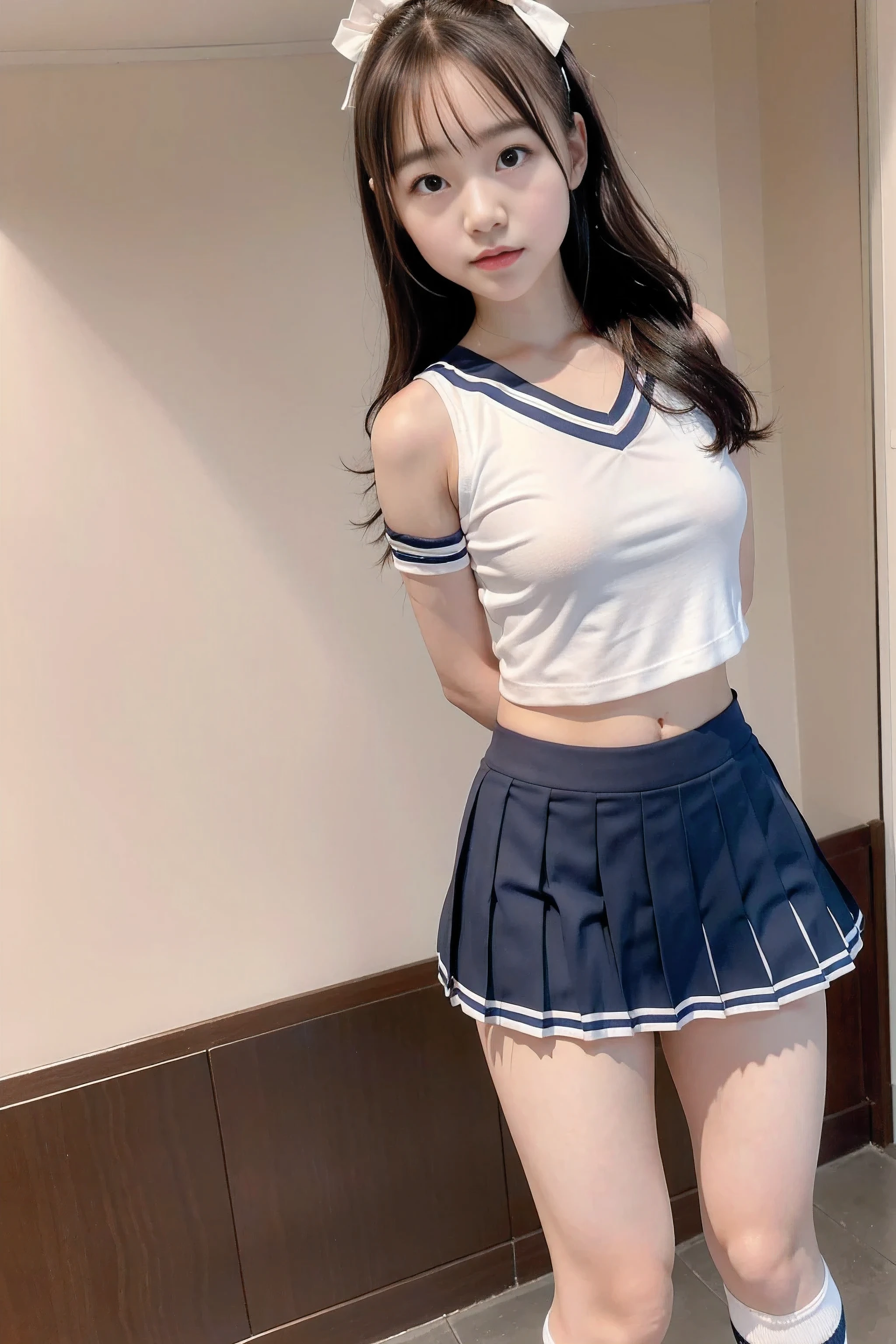 simple background, cowboy shot, symmetrical, uniform spacing, standing straight for camera, ((arms behind back)), one cheerleader girl, (18 years old), ((("CHEER" on chest, pleated mini skirt, socks)))