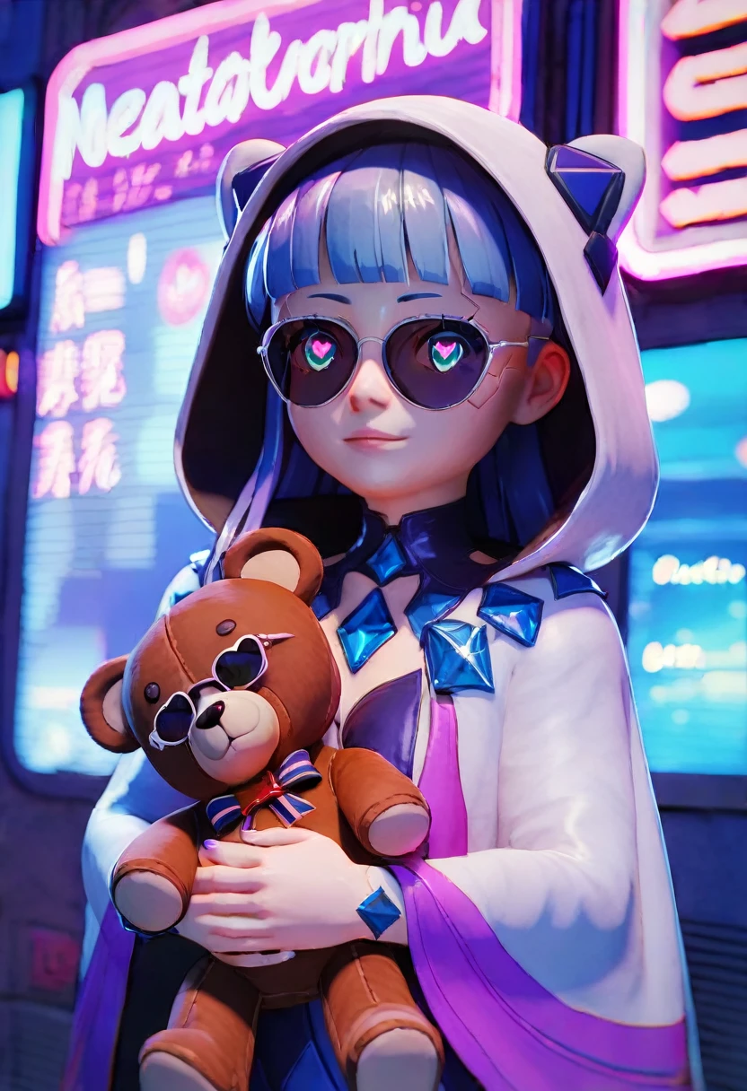 ((Best Quality)), ((Masterpiece)), (Very detailed: 1.3), 3D, NeonNoir, beautiful cyberpunk , (holding teddy bear: 1), (wearing sunglasses: 1.2), (diamond-shaped pupils: 1.2), heart-shaped, wearing a long hooded cape, (wearing a hood: 1.2), purple neon on the monitor, colorful neon signs on the wall, street lights, (white emitting: 1.1), contemptuous eyes, Standing on the street, Sony Master lens,