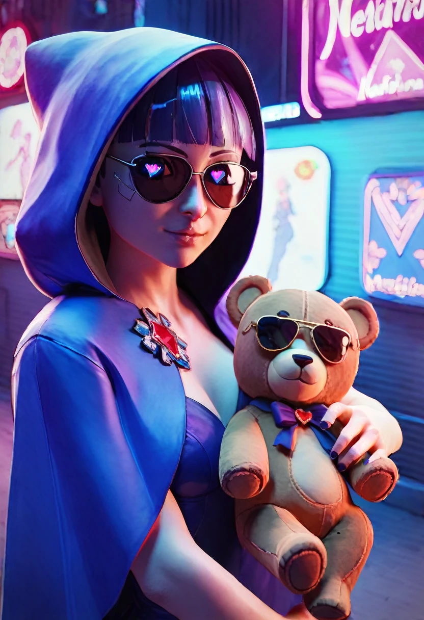 ((Best Quality)), ((Masterpiece)), (Very detailed: 1.3), 3D, NeonNoir, beautiful cyberpunk , (holding teddy bear: 1), (wearing sunglasses: 1.2), (diamond-shaped pupils: 1.2), heart-shaped, wearing a long hooded cape, (wearing a hood: 1.2), purple neon on the monitor, colorful neon signs on the wall, street lights, (white emitting: 1.1), contemptuous eyes, Standing on the street, Sony Master lens,